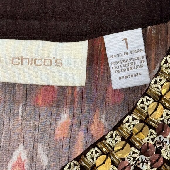 Chico's 1 semi Sheer Tunic Top Beaded Neckline 3/4 sleeve Size medium - Picture 2 of 11